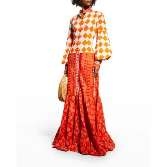 NWT Studio 189 Cotton Maxi Blouson Sleeve Shirt Dress in Orange Size Small